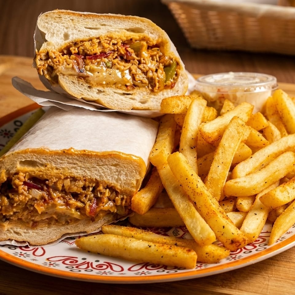 A chicken cheesesteak sandwich, cut in half, with a side of seasoned french fries and dipping sauce.
