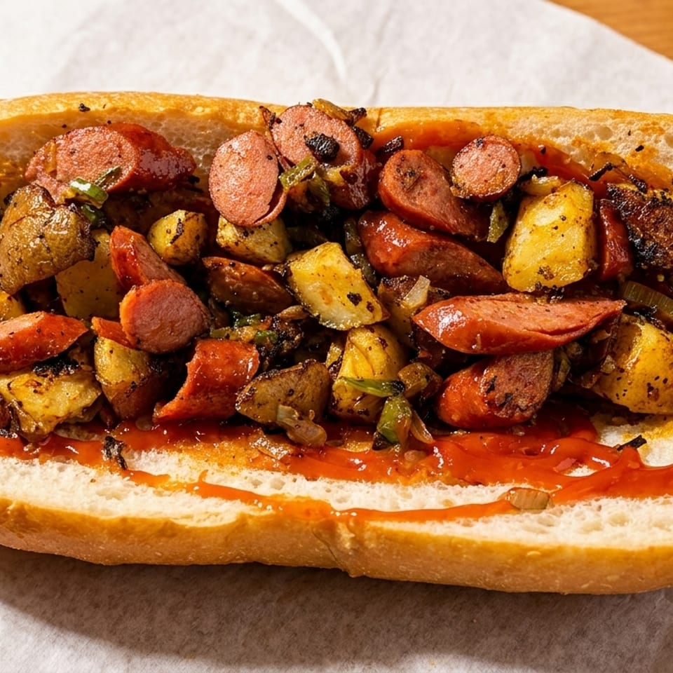 A sausage and potato sandwich with peppers and onions, drizzled with ketchup on white paper.