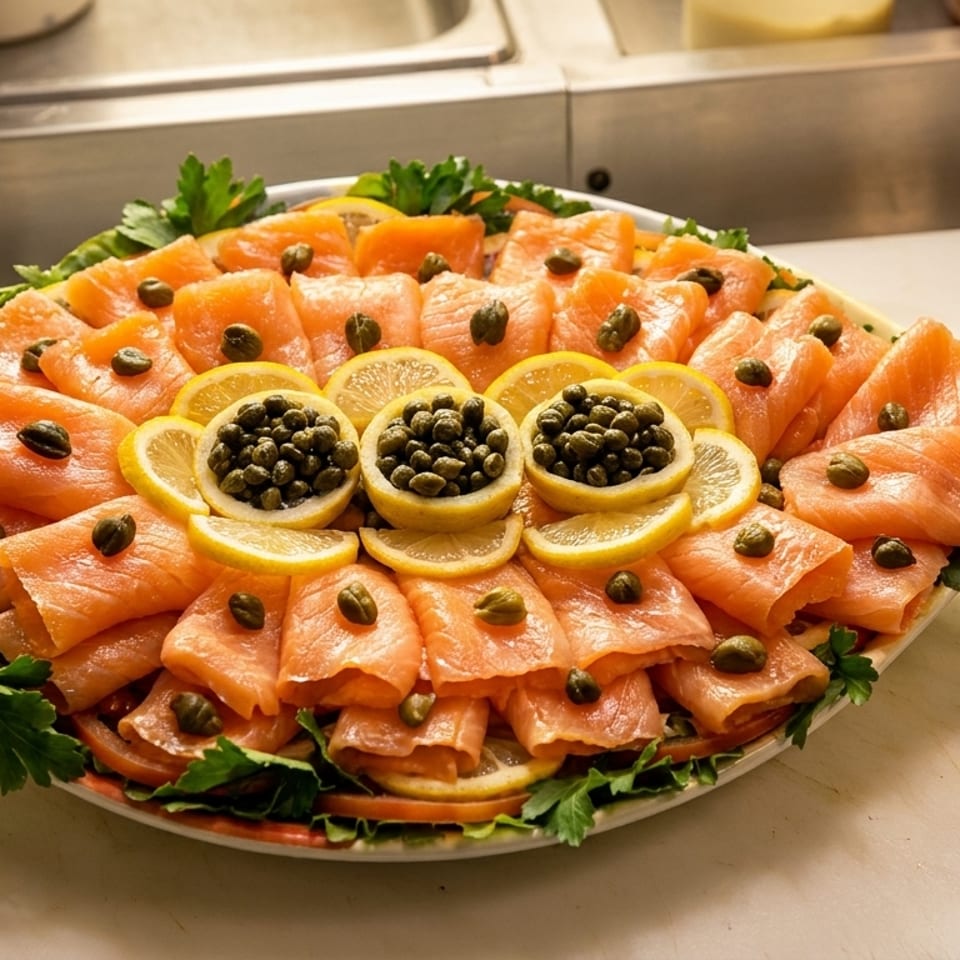 Smoked salmon platter with capers, lemon slices, and parsley, arranged on a fish-shaped dish.
