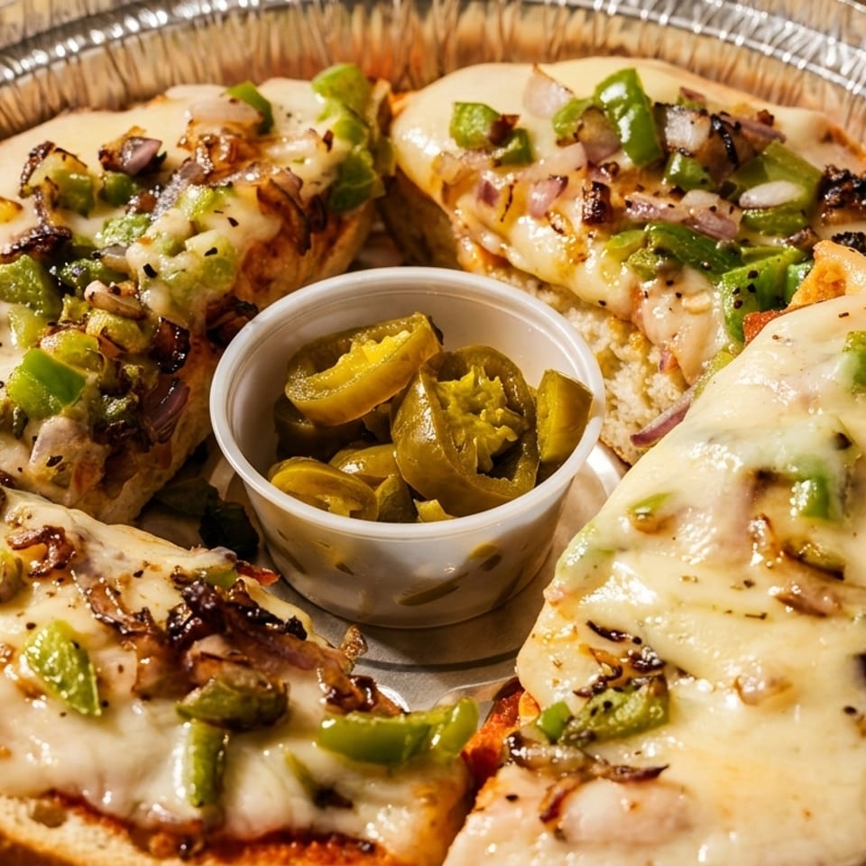 Cheesy bread with green peppers and onions in a foil container, with a side of jalapeños.