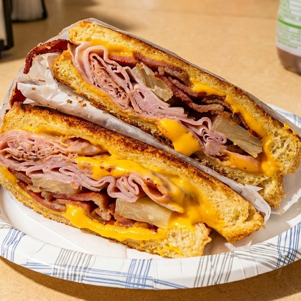 Grilled sandwich with ham, bacon, pineapple, and melted cheese on a paper plate.