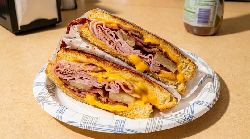 Grilled sandwich with ham, bacon, pineapple, and melted cheese on a paper plate.