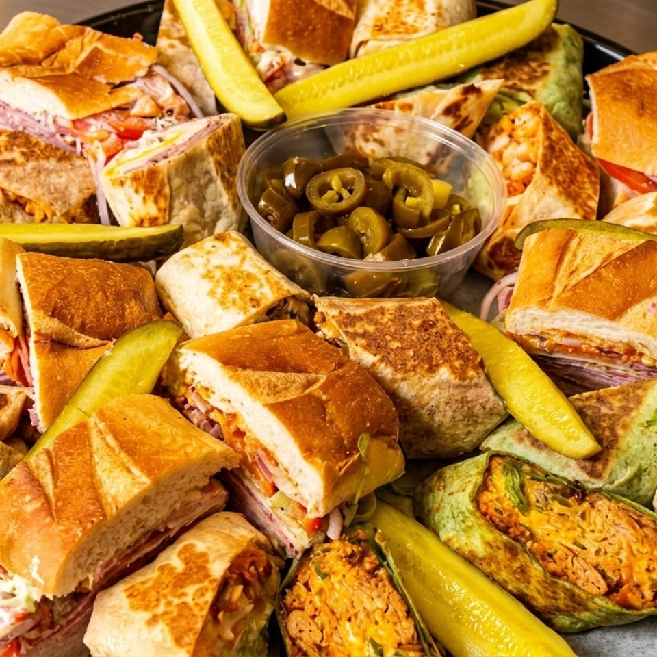 A catering platter filled with various sandwiches, wraps, pickles, and a container of sliced jalapeños.