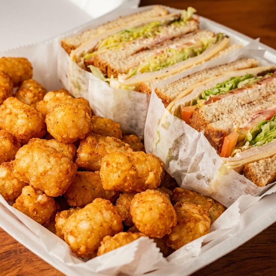 A white takeout container holds a club sandwich cut into halves and a pile of golden tater tots.