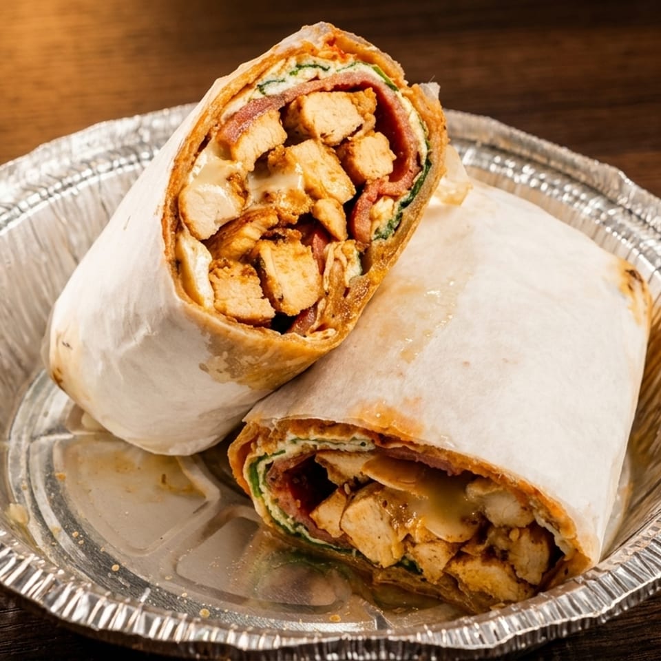 Two chicken wraps, cut in half, revealing chicken, cheese, and vegetables, in a foil container.