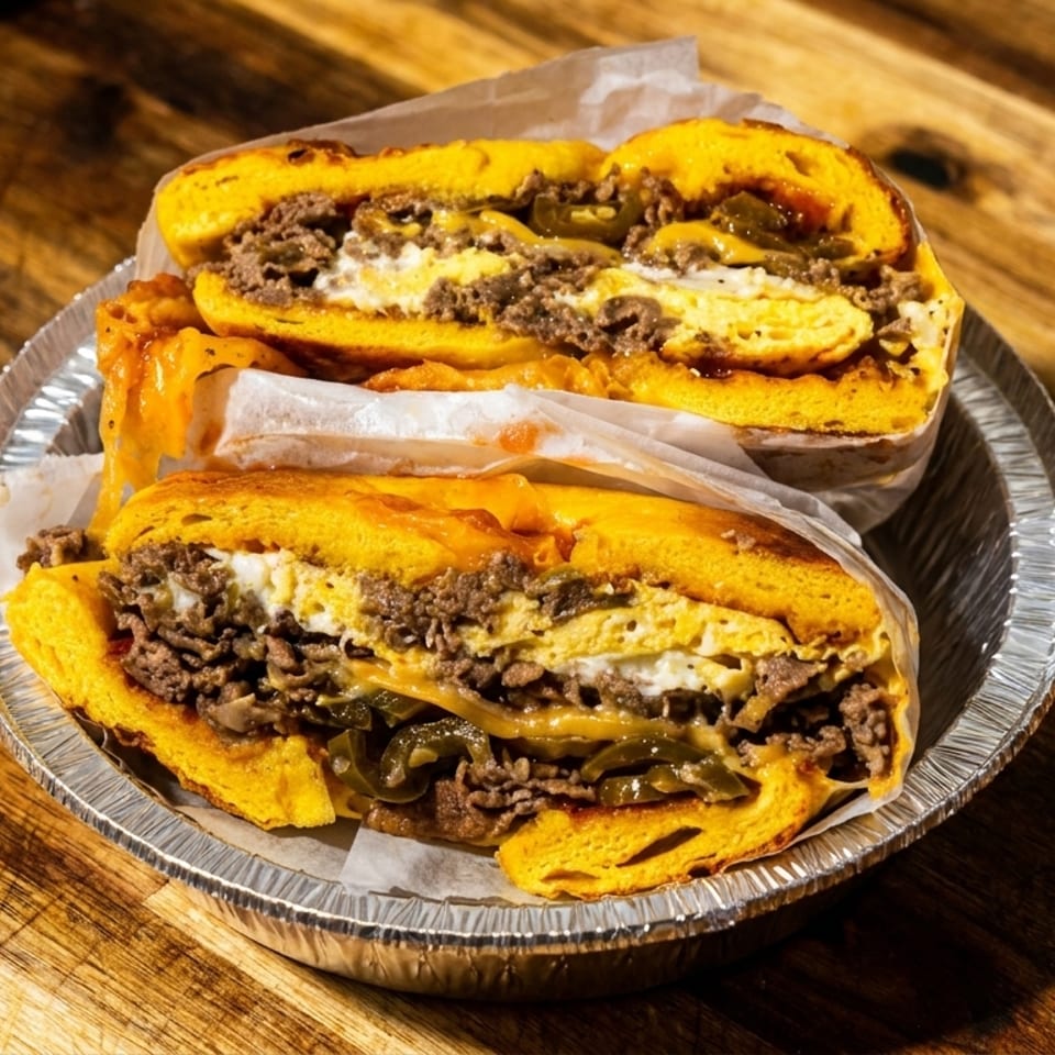 Two halves of a hearty breakfast sandwich with egg, meat, cheese, and peppers in a foil container.