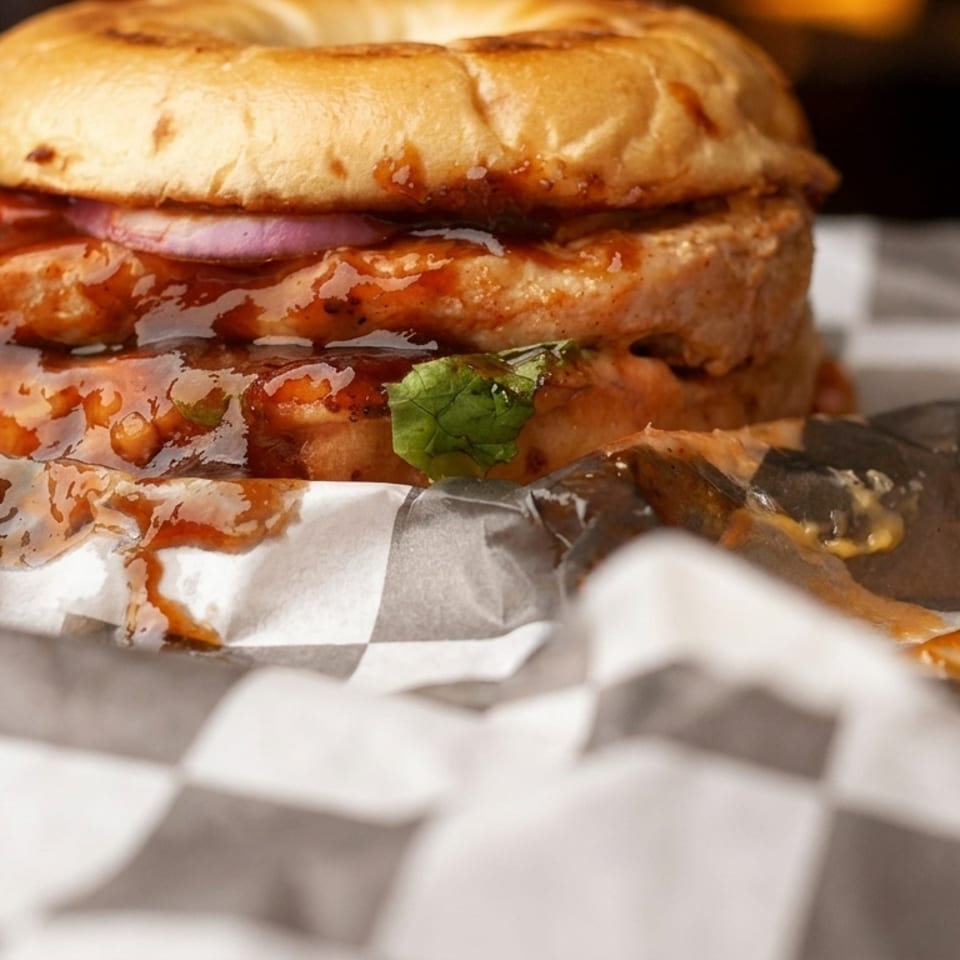 Close-up of a chicken sandwich with red onions and sauce on a bagel, wrapped in checkered paper.